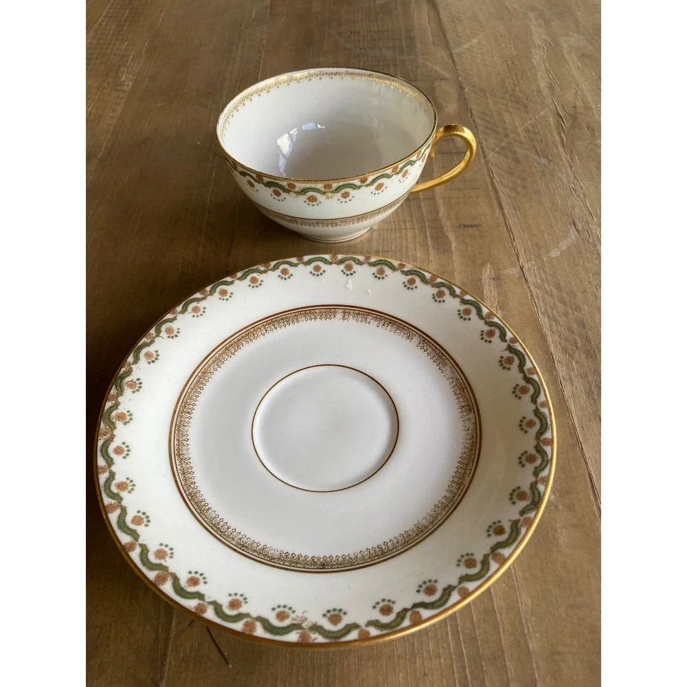 Elite Works Limoges France Teacup and Saucer Set Gold Floral Filigree Porcelain